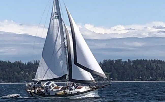 furling sail on the way to Hawaii